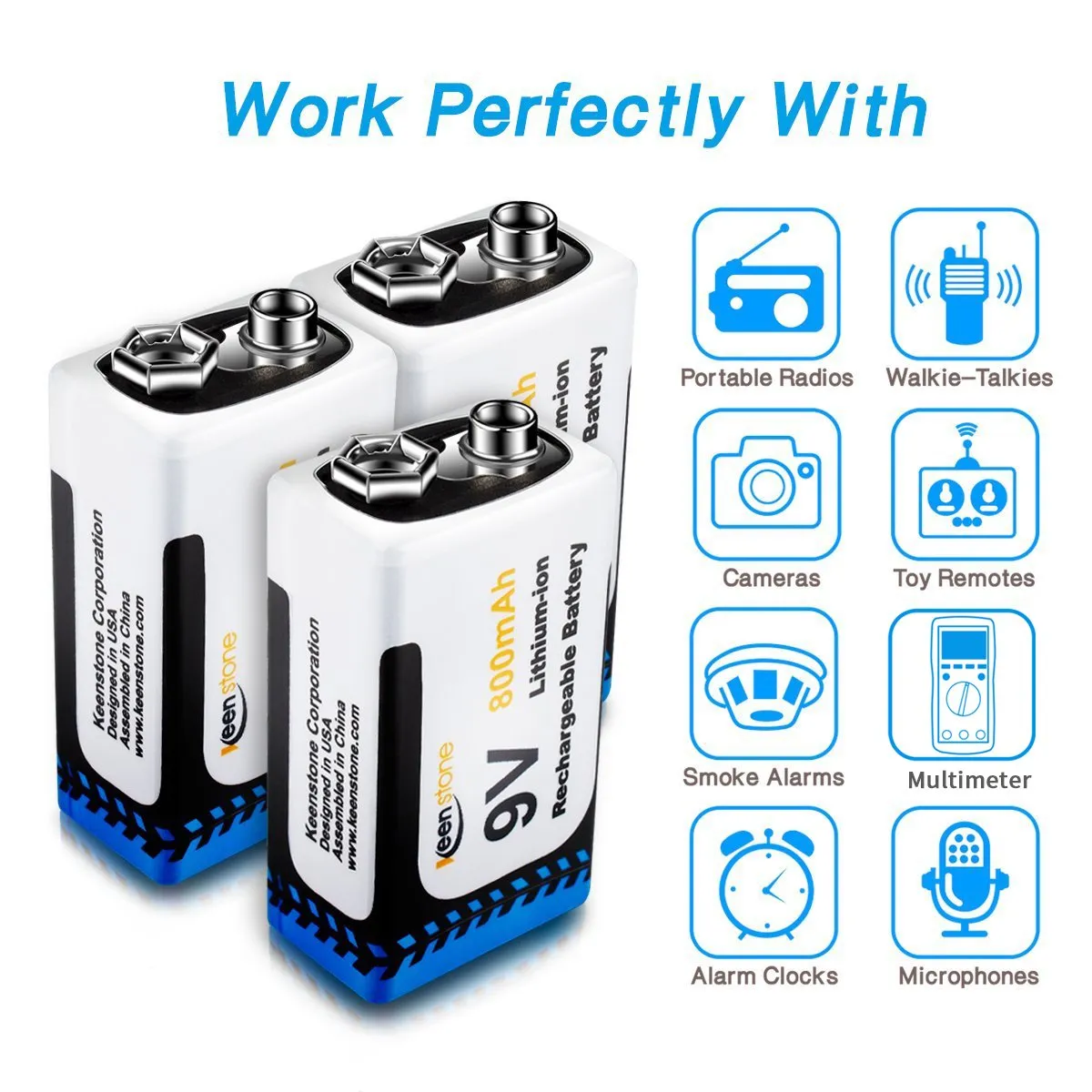 3 Pack 9V 800mAh Rechargeable Batteries and Charger