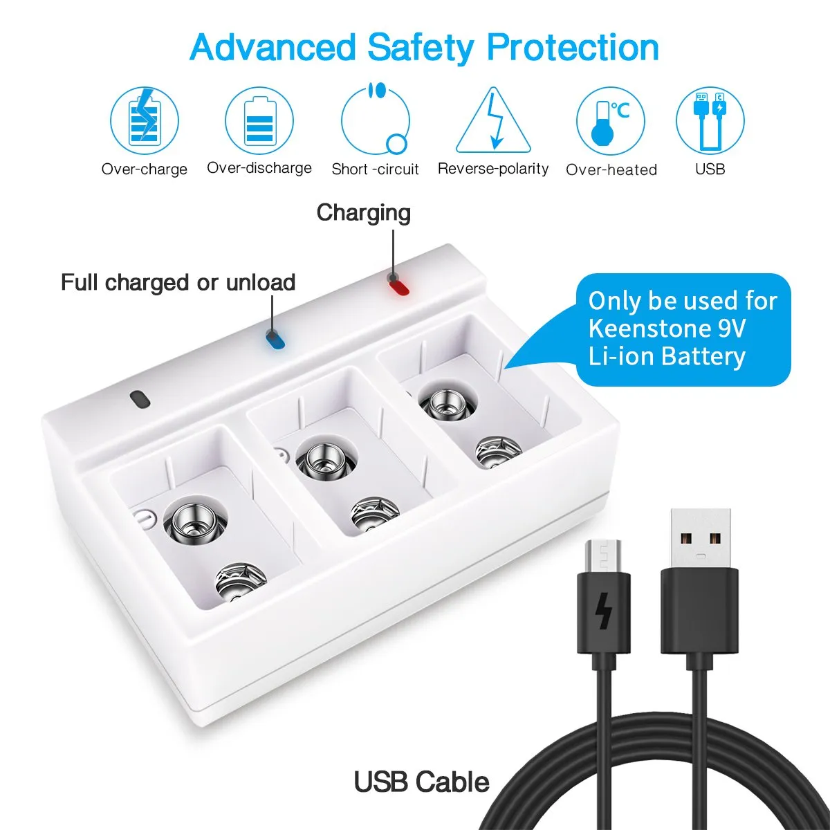 3 Pack 9V 800mAh Rechargeable Batteries and Charger