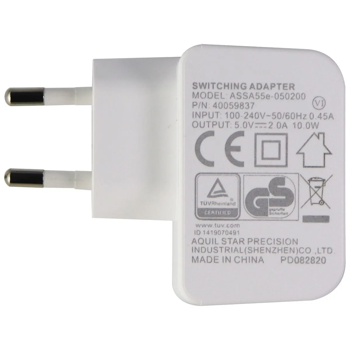 (5V/2A) Single USB Wall Charger Adapter - White (ASSA55e-050200) EU Plug