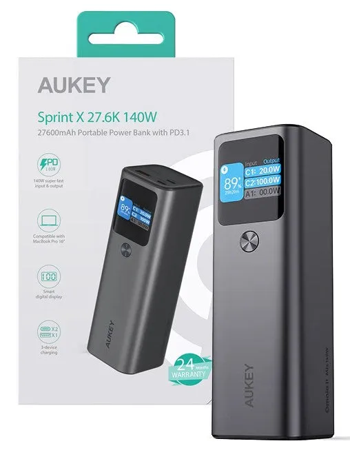 Aukey Pb-Y45 Mini Power Bank 27600Mah 140W Qc Pd 3.1 3Xusb Pps Smart Digital Display Black