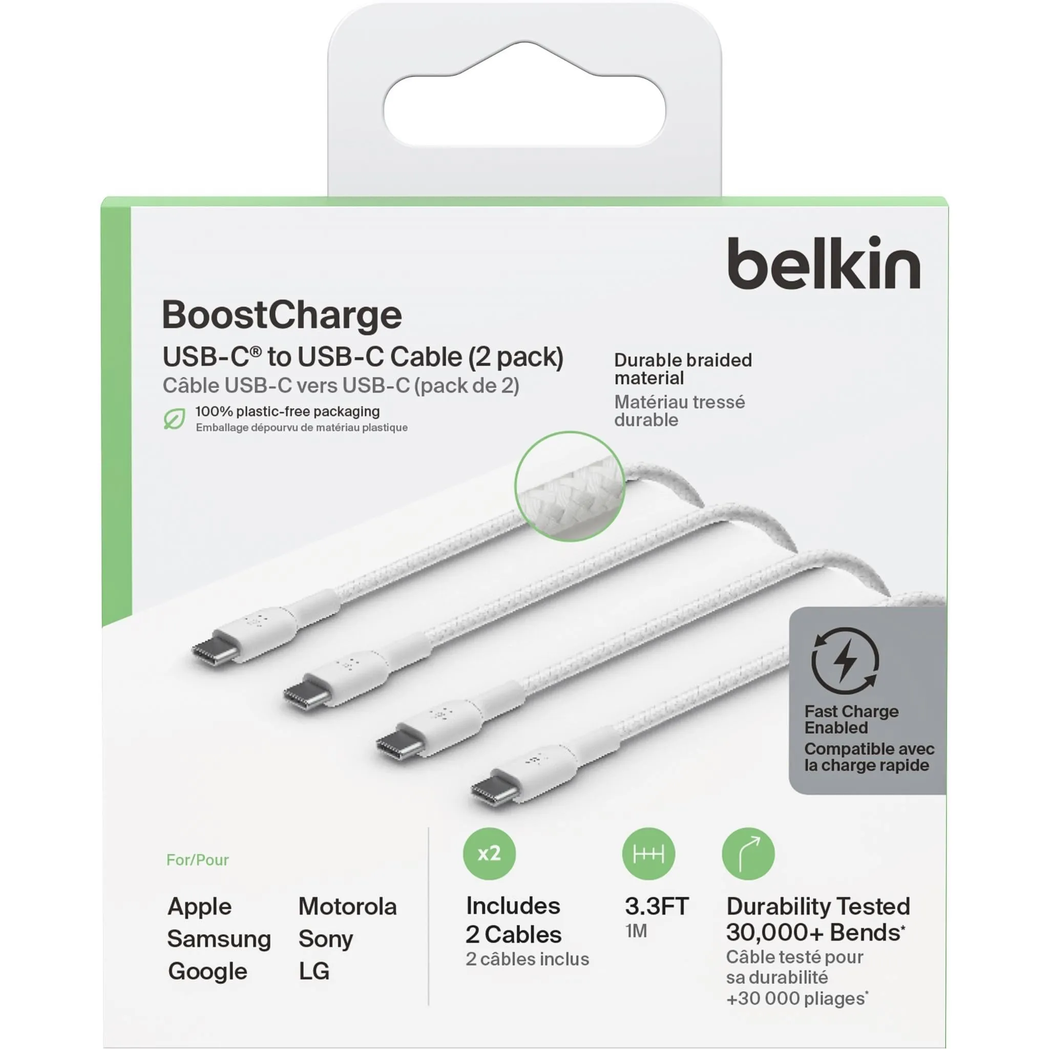 Belkin BoostUp Charge USB-C to USB-C 1m Braided Cable 2 Pack (White)