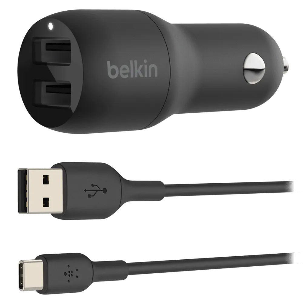 Belkin Dual Port USB A Car Charger 24W with USB A to USB C Cable 3ft by Belkin