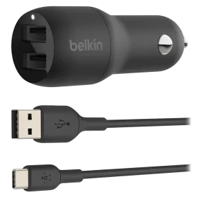 Belkin Dual Port USB A Car Charger 24W with USB A to USB C Cable 3ft by Belkin