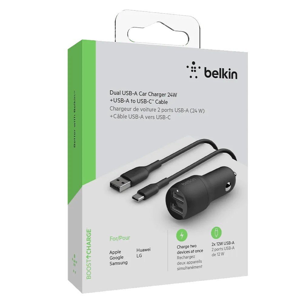 Belkin Dual Port USB A Car Charger 24W with USB A to USB C Cable 3ft by Belkin