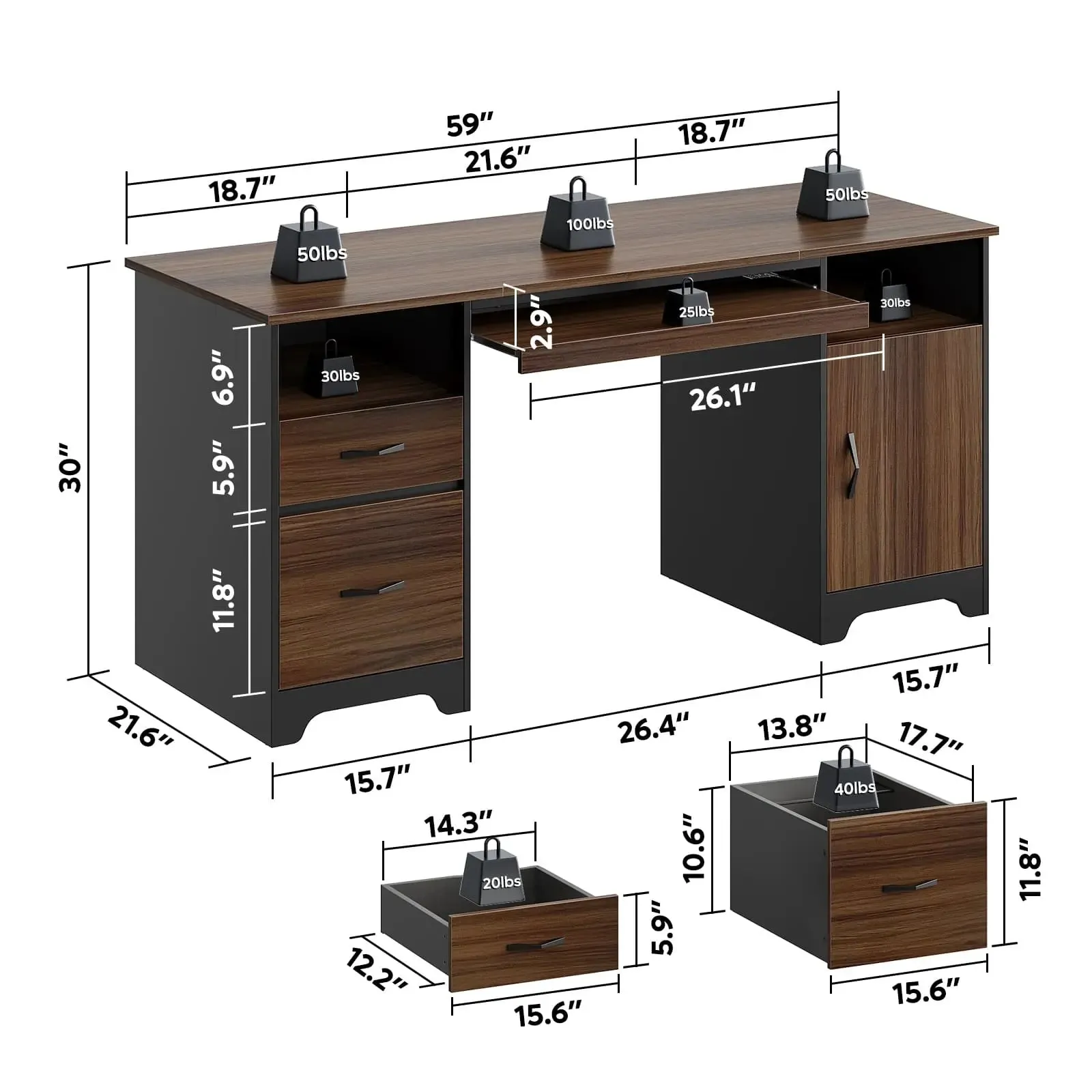 Bestier 59 Inch Executive Desk with Drawers