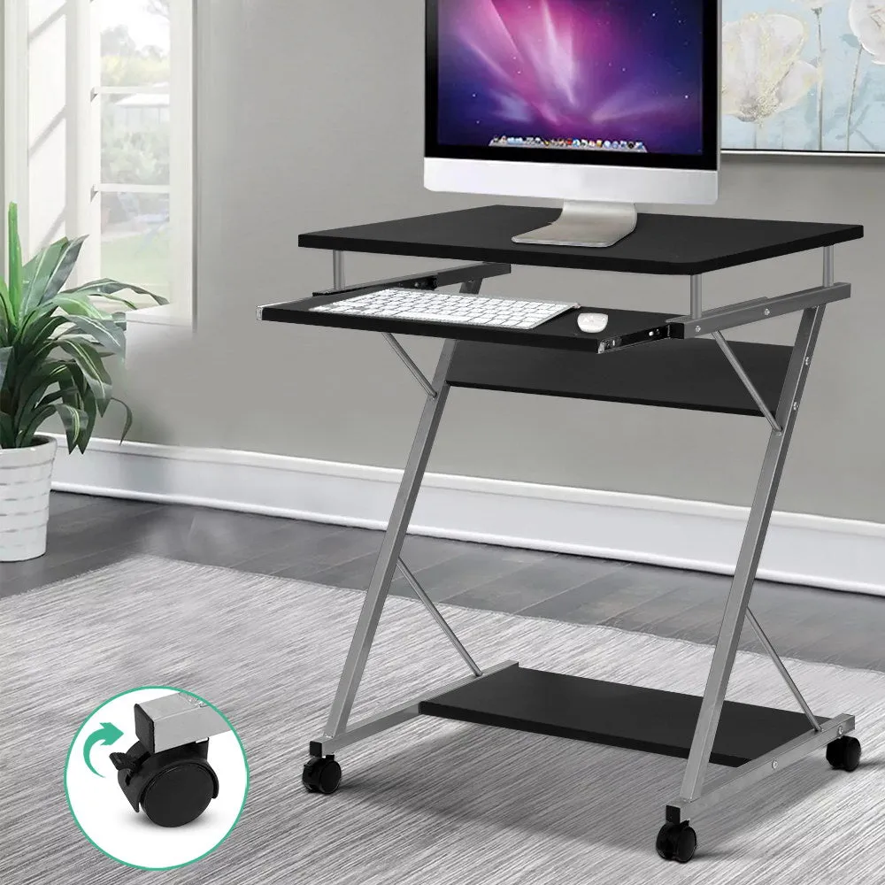 Black Computer Desk, Tray, Shelf, 360° Castors - Artiss