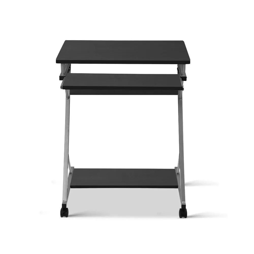 Black Computer Desk, Tray, Shelf, 360° Castors - Artiss