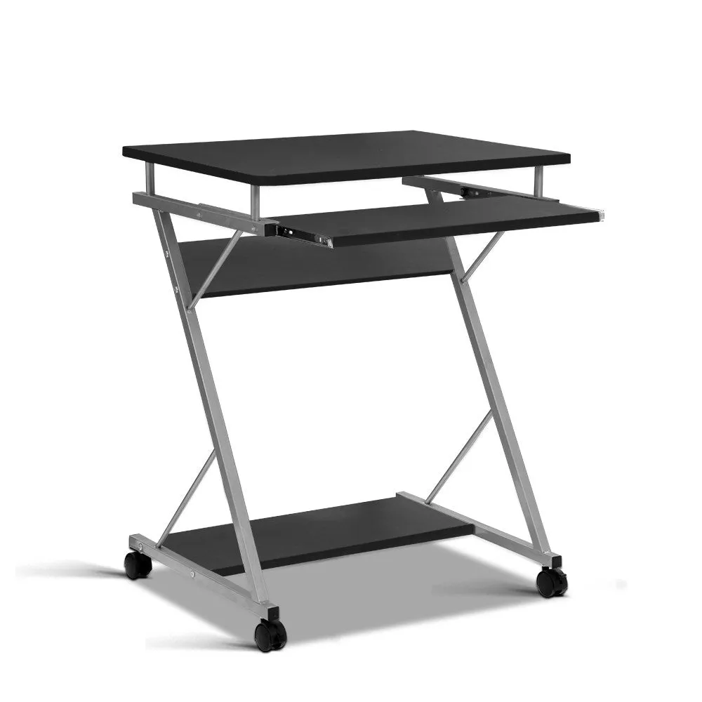 Black Computer Desk, Tray, Shelf, 360° Castors - Artiss