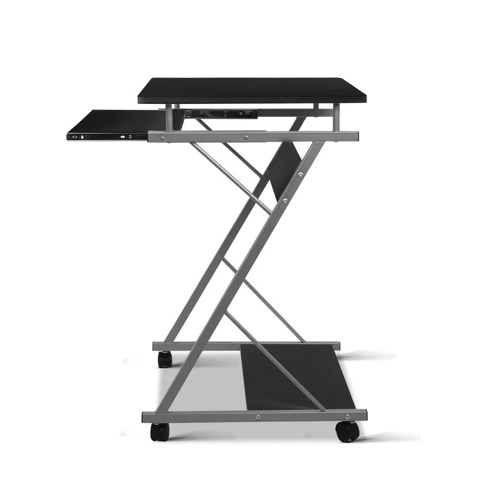 Black Computer Desk, Tray, Shelf, 360° Castors - Artiss