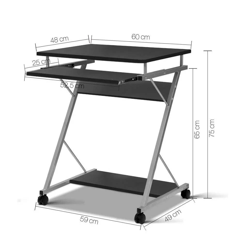 Black Computer Desk, Tray, Shelf, 360° Castors - Artiss