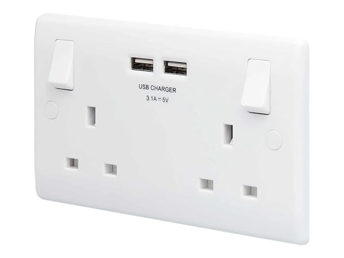 British General Round Edge 13A 2 Gang Switched Socket with 2x USB-A 3.1A - White