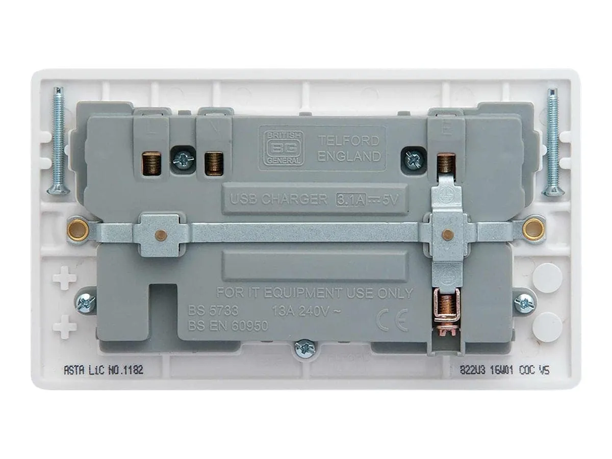 British General Round Edge 13A 2 Gang Switched Socket with 2x USB-A 3.1A - White