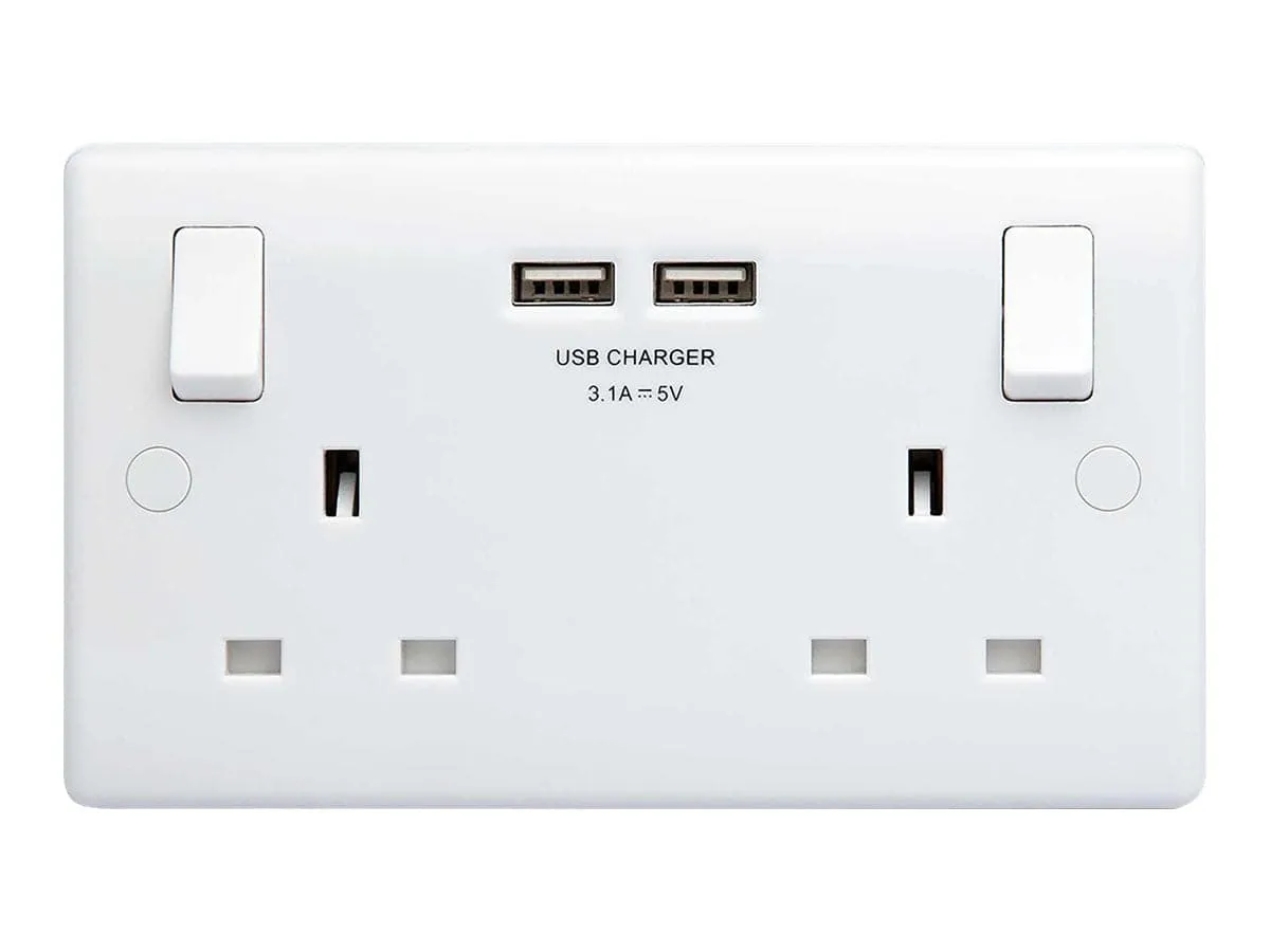 British General Round Edge 13A 2 Gang Switched Socket with 2x USB-A 3.1A - White