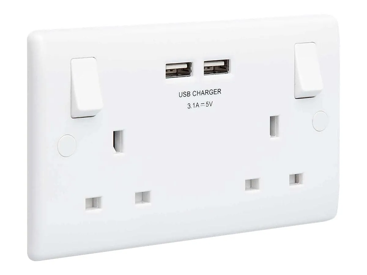 British General Round Edge 13A 2 Gang Switched Socket with 2x USB-A 3.1A - White