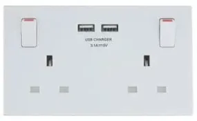 British General Round Edge 13A 2 Gang Switched Socket with 2x USB-A 3.1A - White