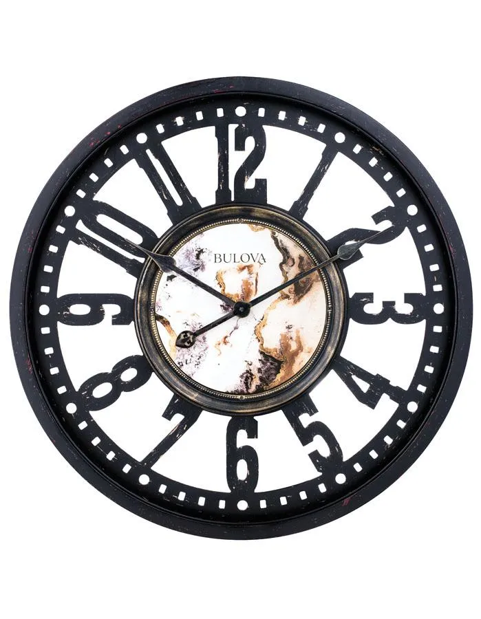 Bulova Station Master Wall Clock - Black Metal Case - Marble Center