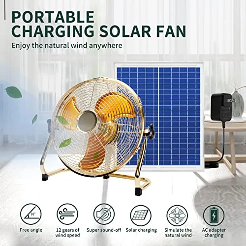 CYBERDAX 14 Inch Portable Golden All Metal Made Table Fan, Wireless Rechargeable Fan with Solar Panel Powered and AC Charger Dual Input for Indoor Housing, Office, Camping, Fishing Outdoors