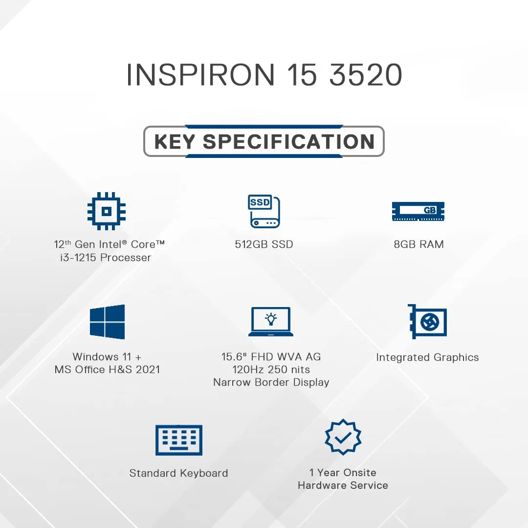 Dell Inspiron 3520 Laptop,12th Gen Intel Core i3-1215 Processor, 8GB, 512GB SSD, 15.6" (39.62Cms FHD, Win 11   MSO'21, Silver, 15 Month McAfee Antivirus, Thin & Light-1.65kg