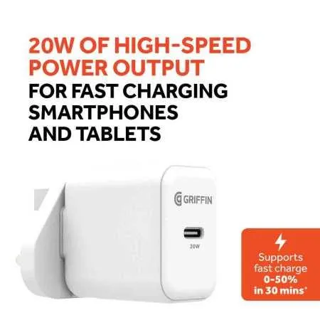 Griffin 20W Powerblock USB C PD Mains Charger with UK/EU Clips White