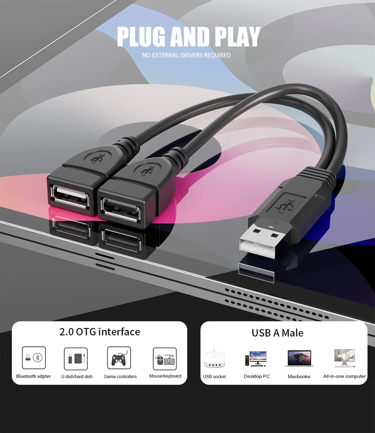 High-Speed USB Splitter 1 Male to 2 Female, 40cm Cable