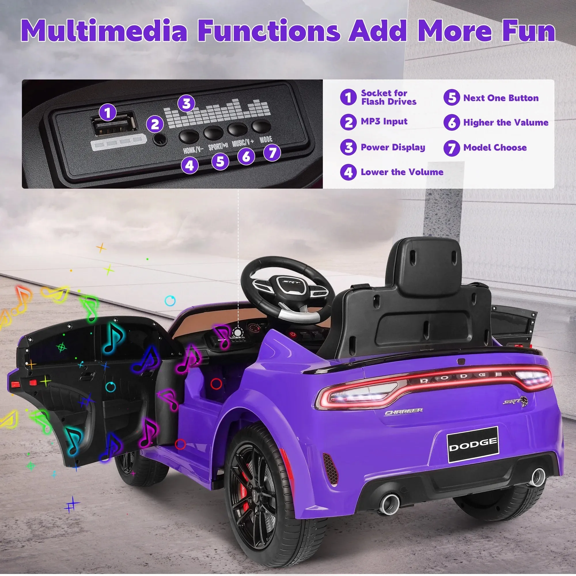 iRerts 12V Dodge Electric SRT Powered Ride On Car, Purple