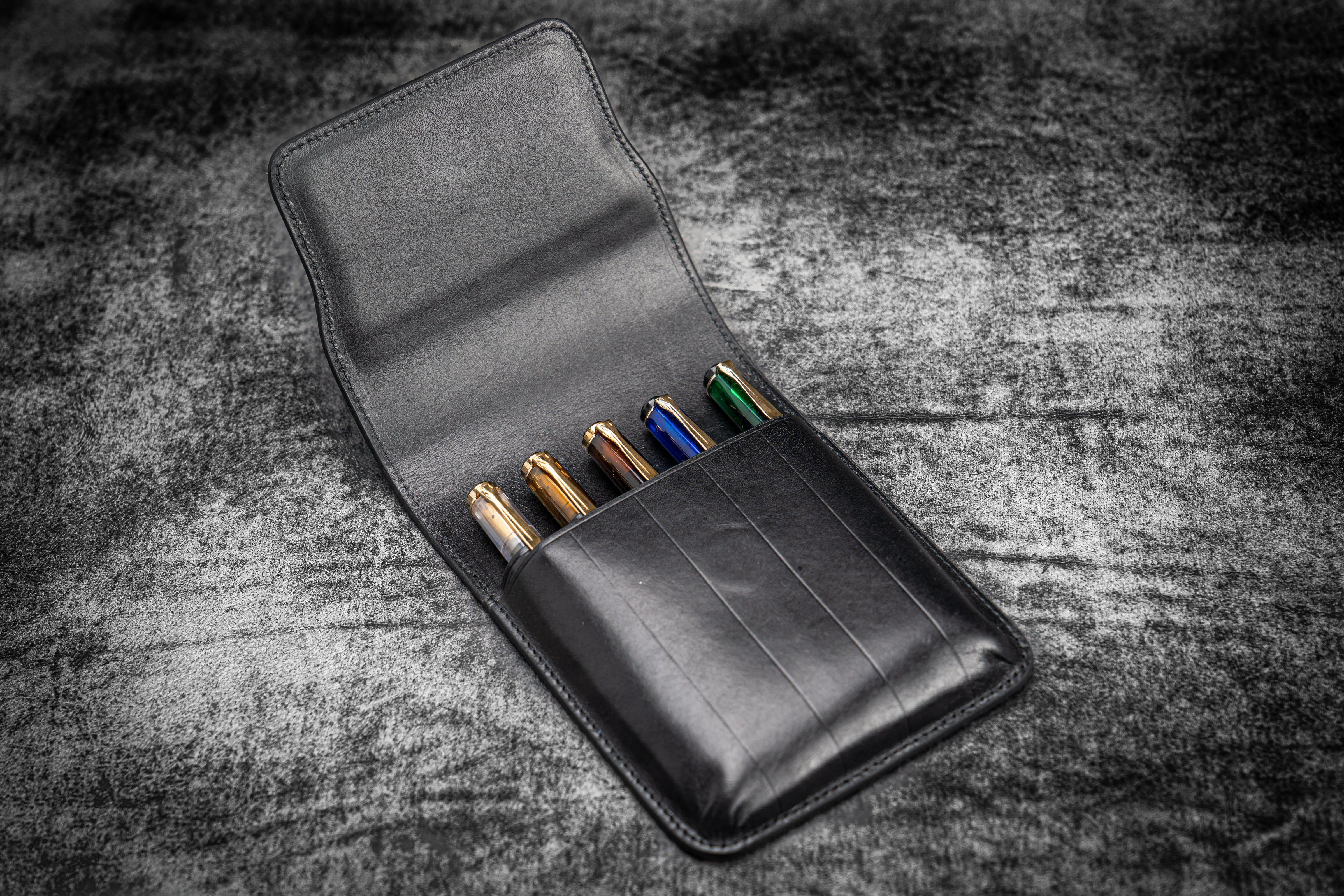 Leather Flap Pen Case for Five Pens - Black