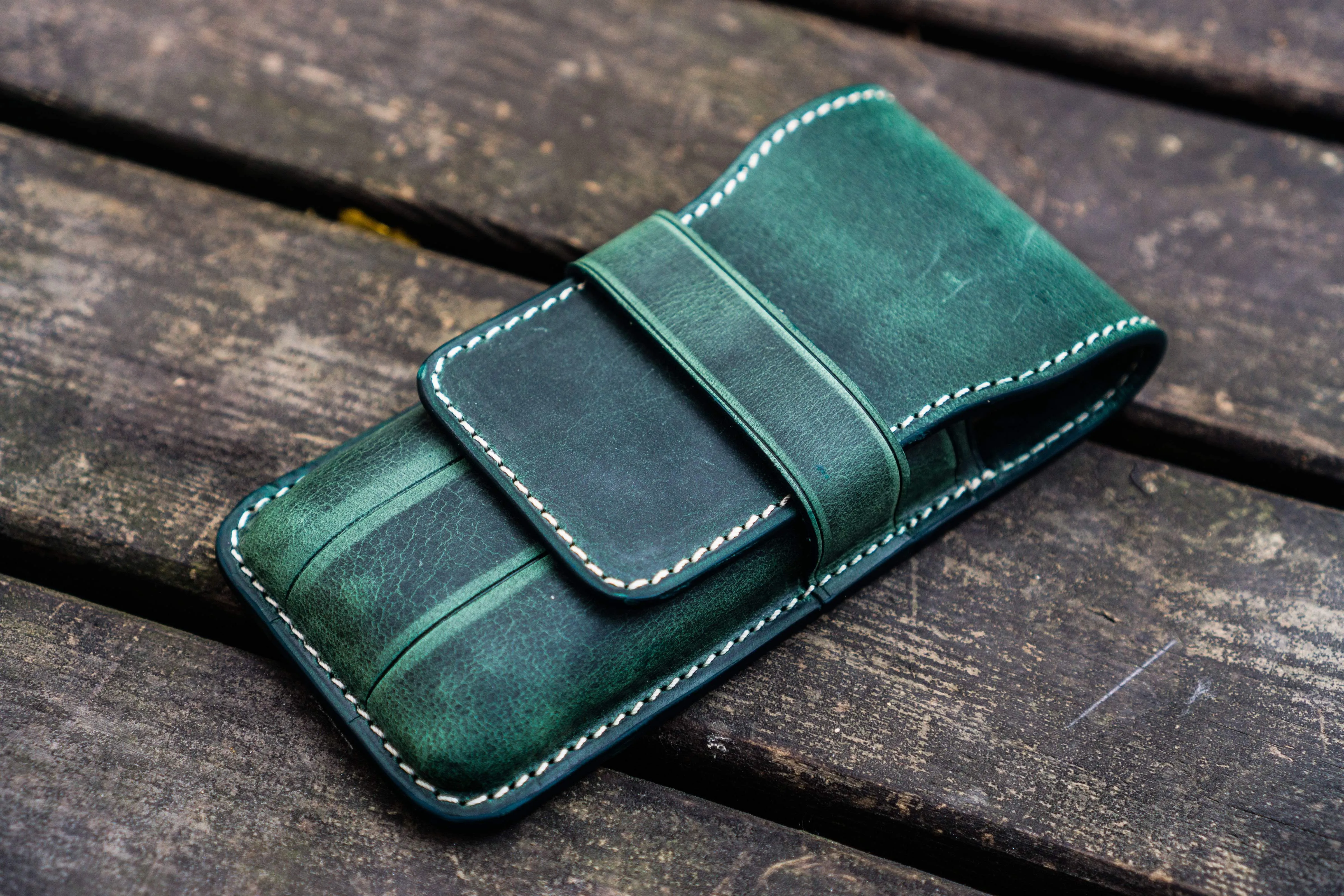 Leather Flap Pen Case for Three Pens - Crazy Horse Forest Green