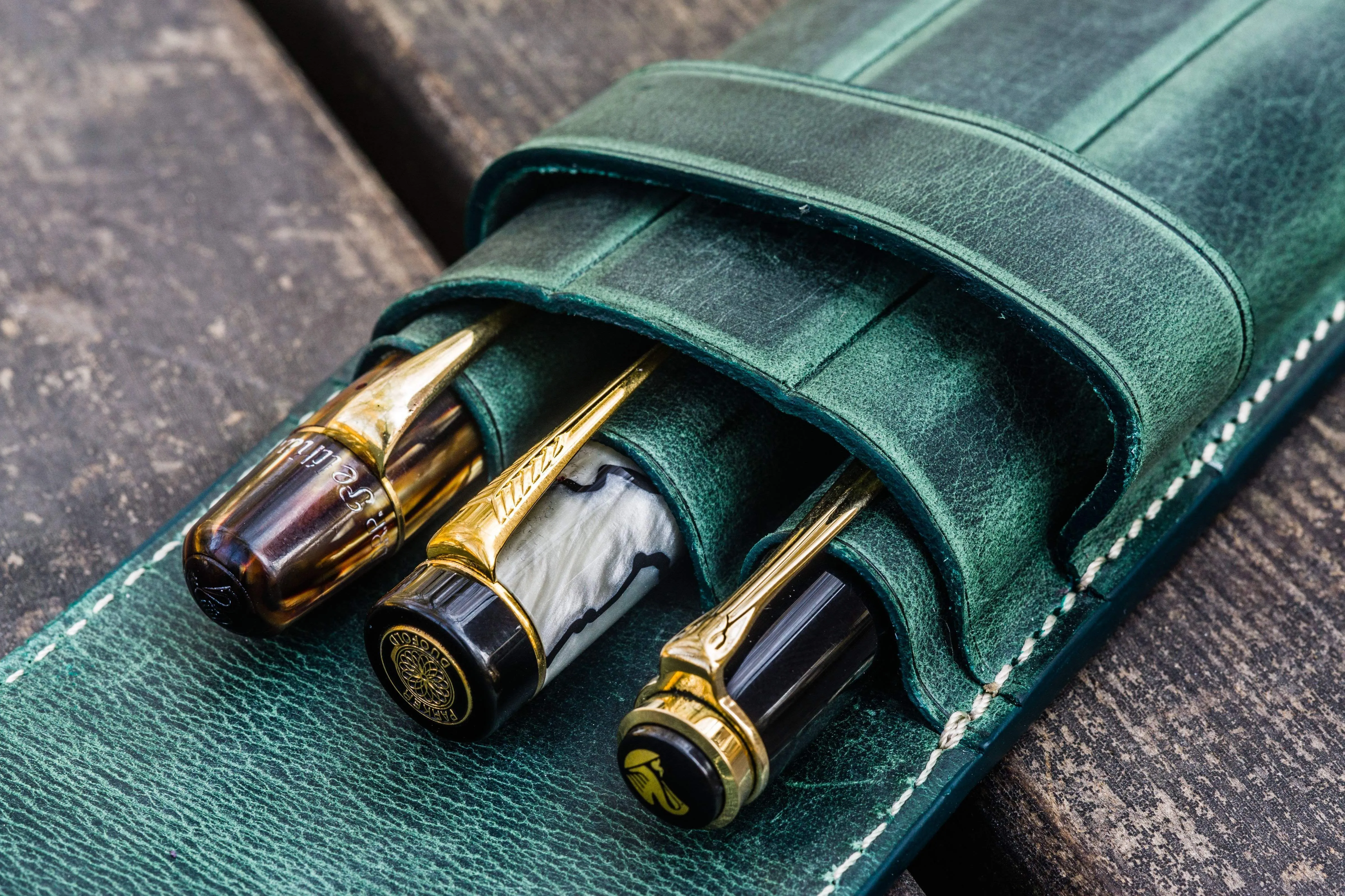 Leather Flap Pen Case for Three Pens - Crazy Horse Forest Green