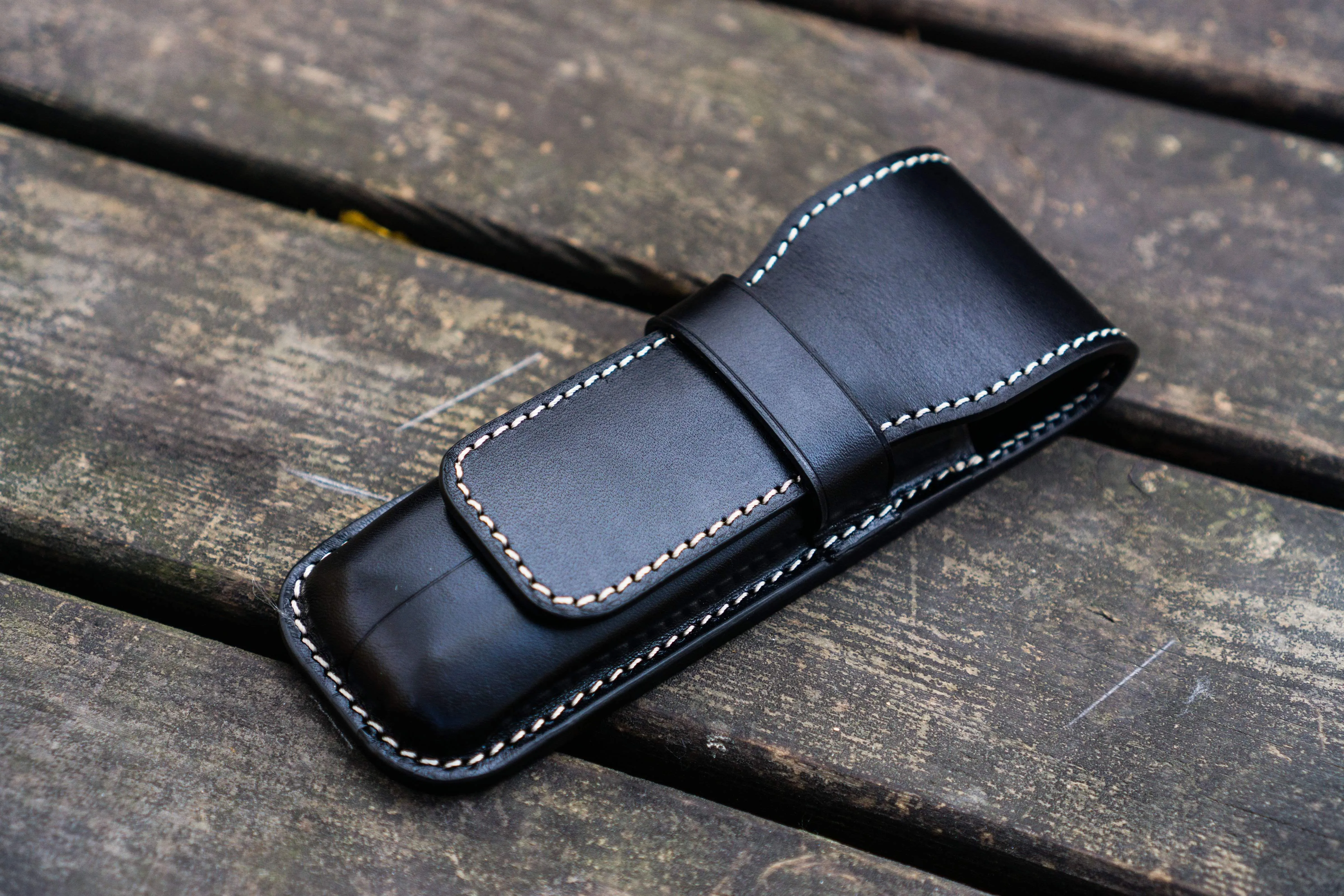 Leather Flap Pen Case for Two Pens - Black