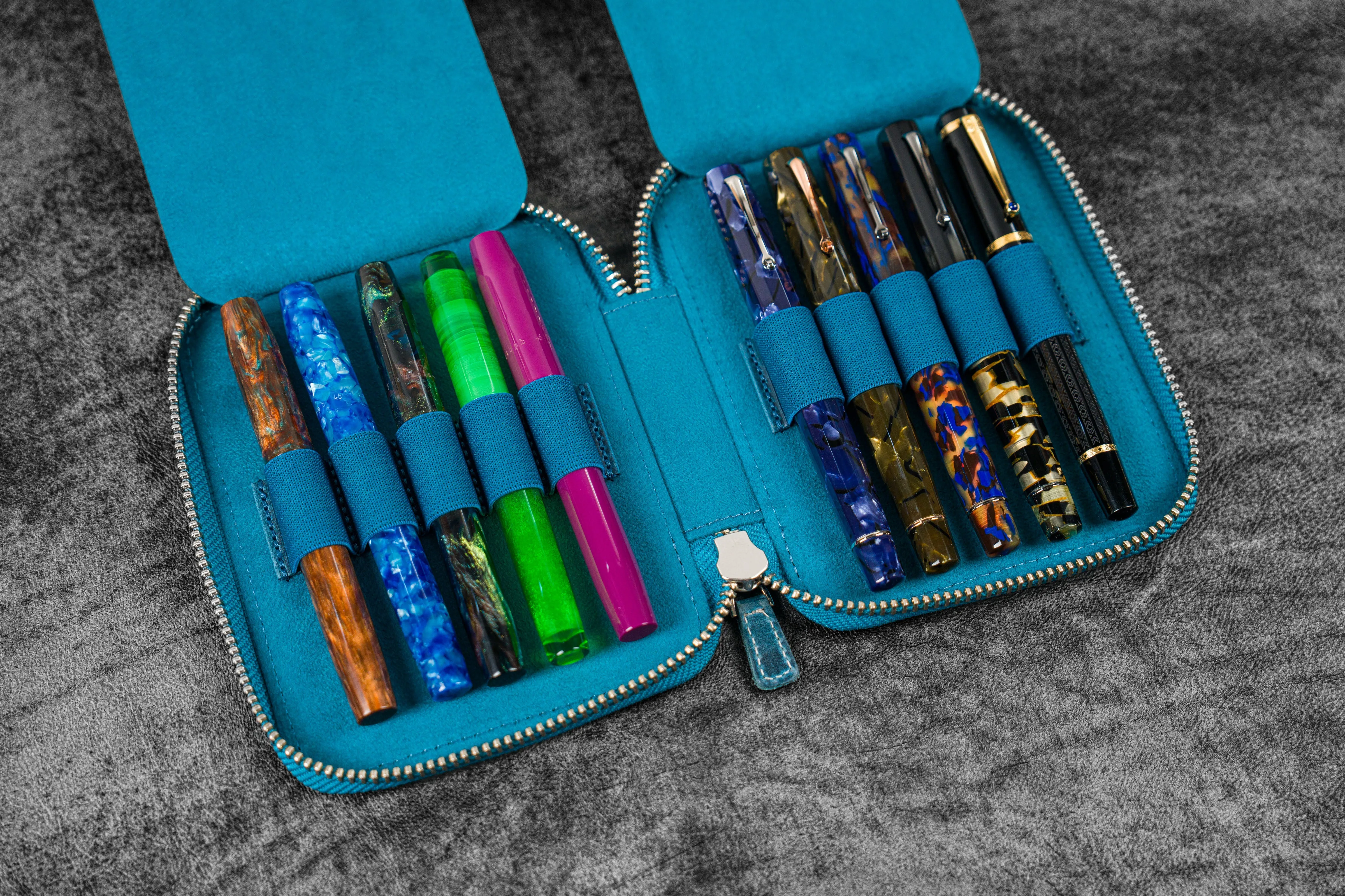 Leather Zippered 10 Slots Pen Case - C.H. Ocean Blue