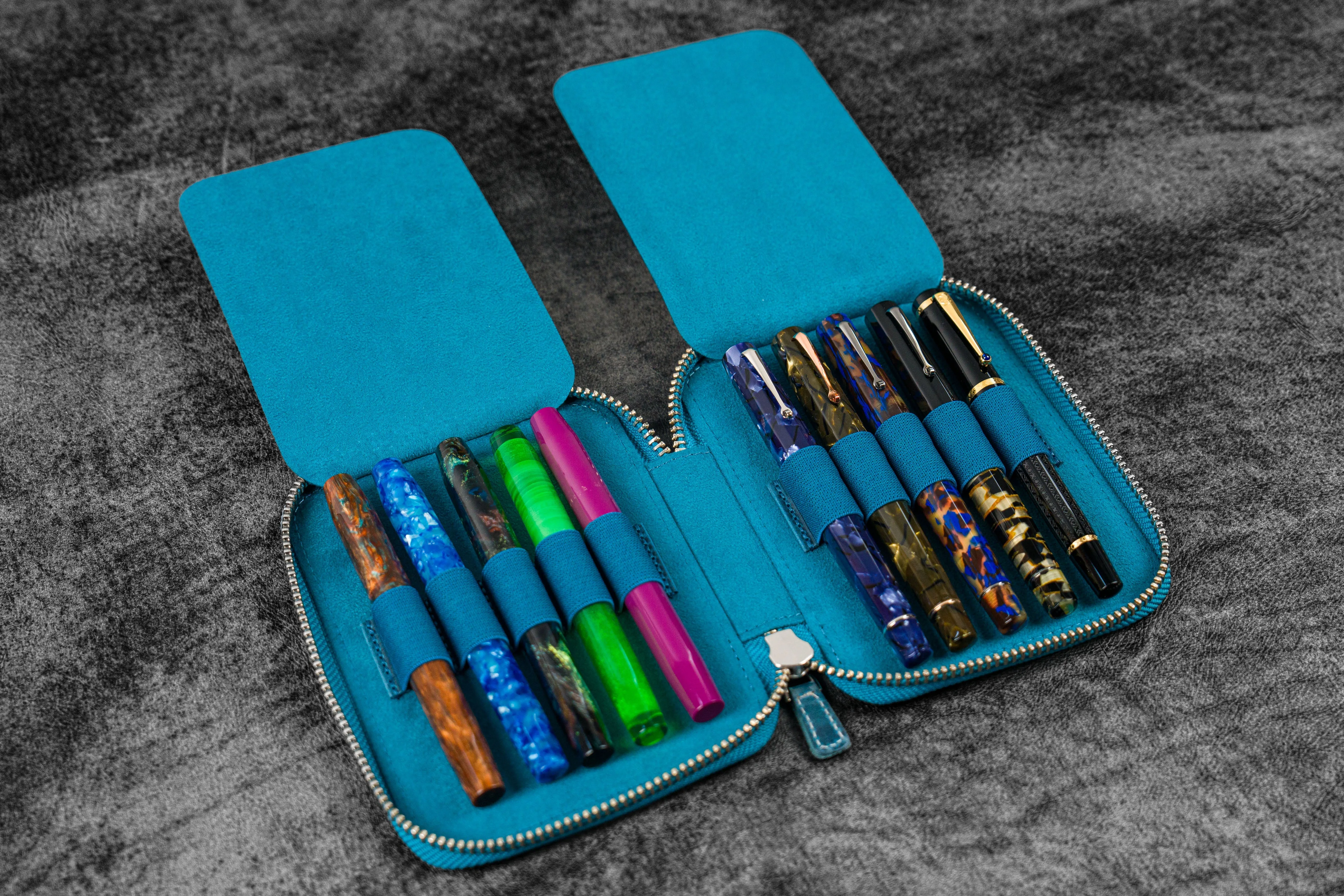 Leather Zippered 10 Slots Pen Case - C.H. Ocean Blue