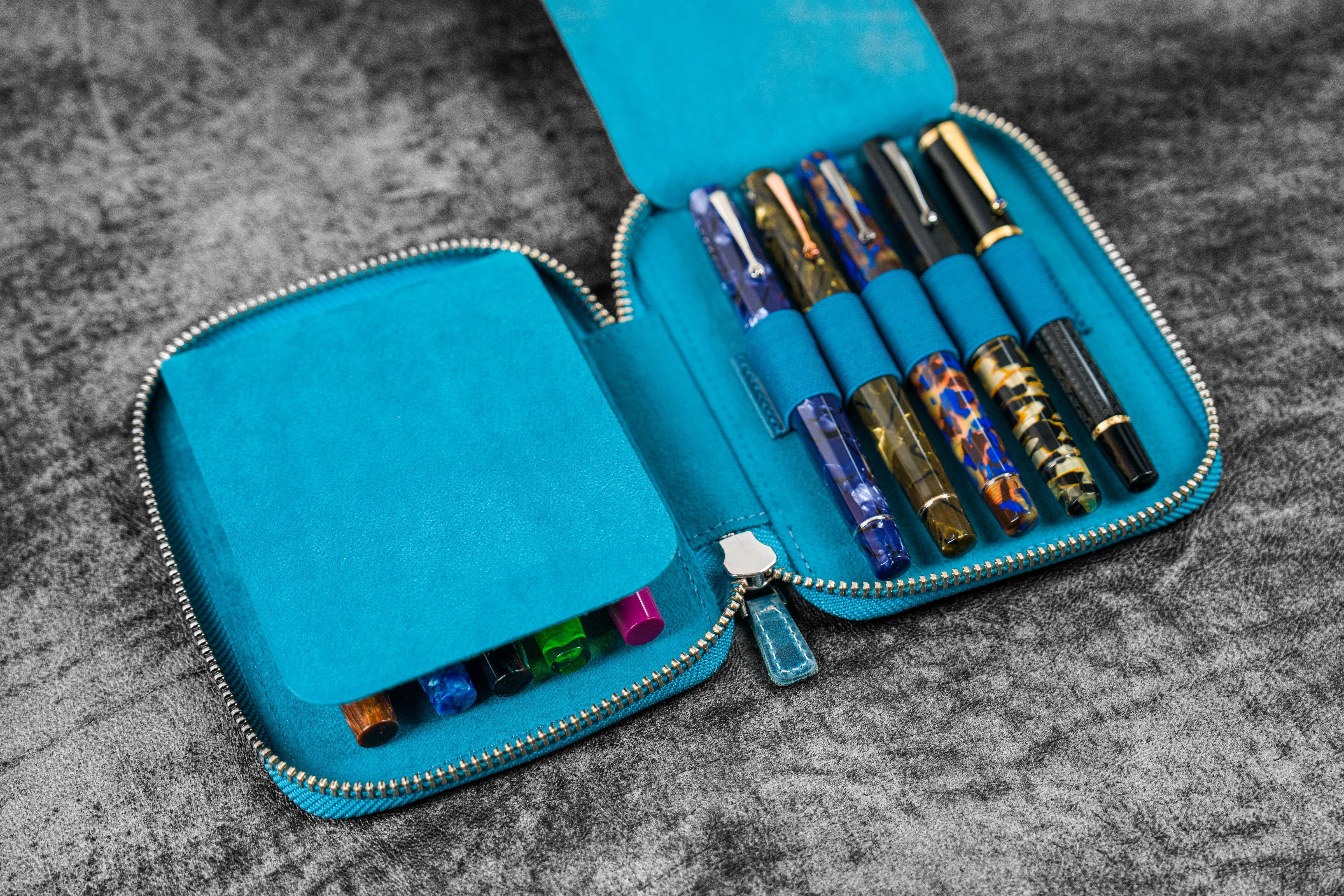 Leather Zippered 10 Slots Pen Case - C.H. Ocean Blue