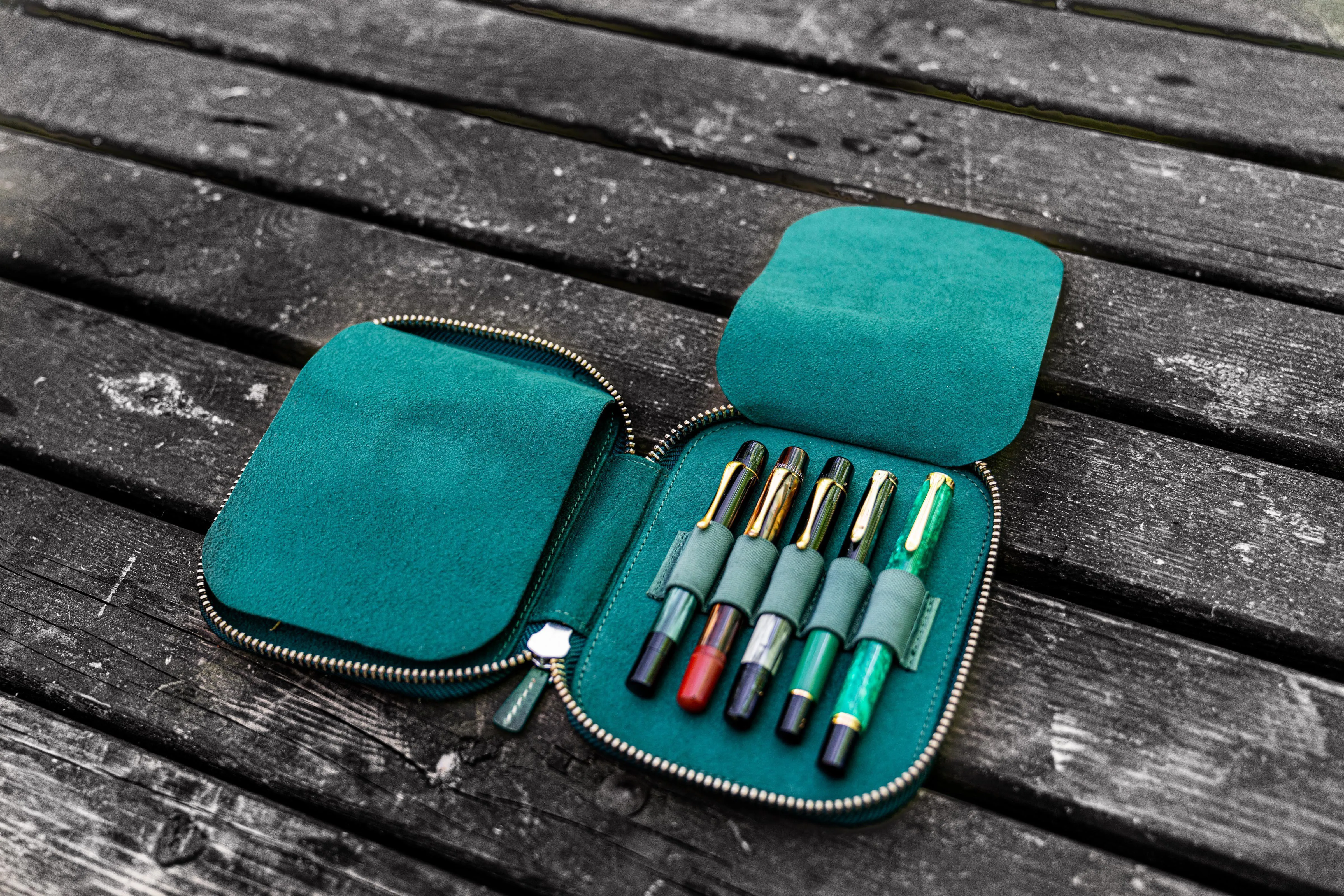 Leather Zippered 10 Slots Pen Case - Crazy Horse Forest Green