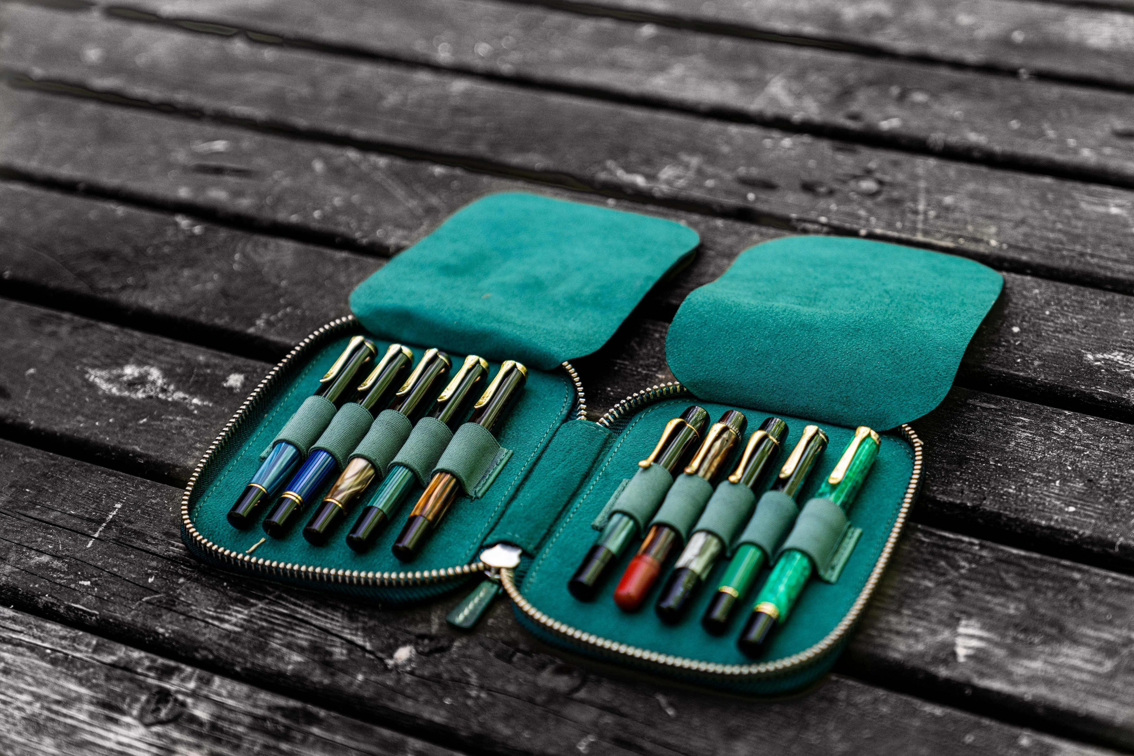 Leather Zippered 10 Slots Pen Case - Crazy Horse Forest Green