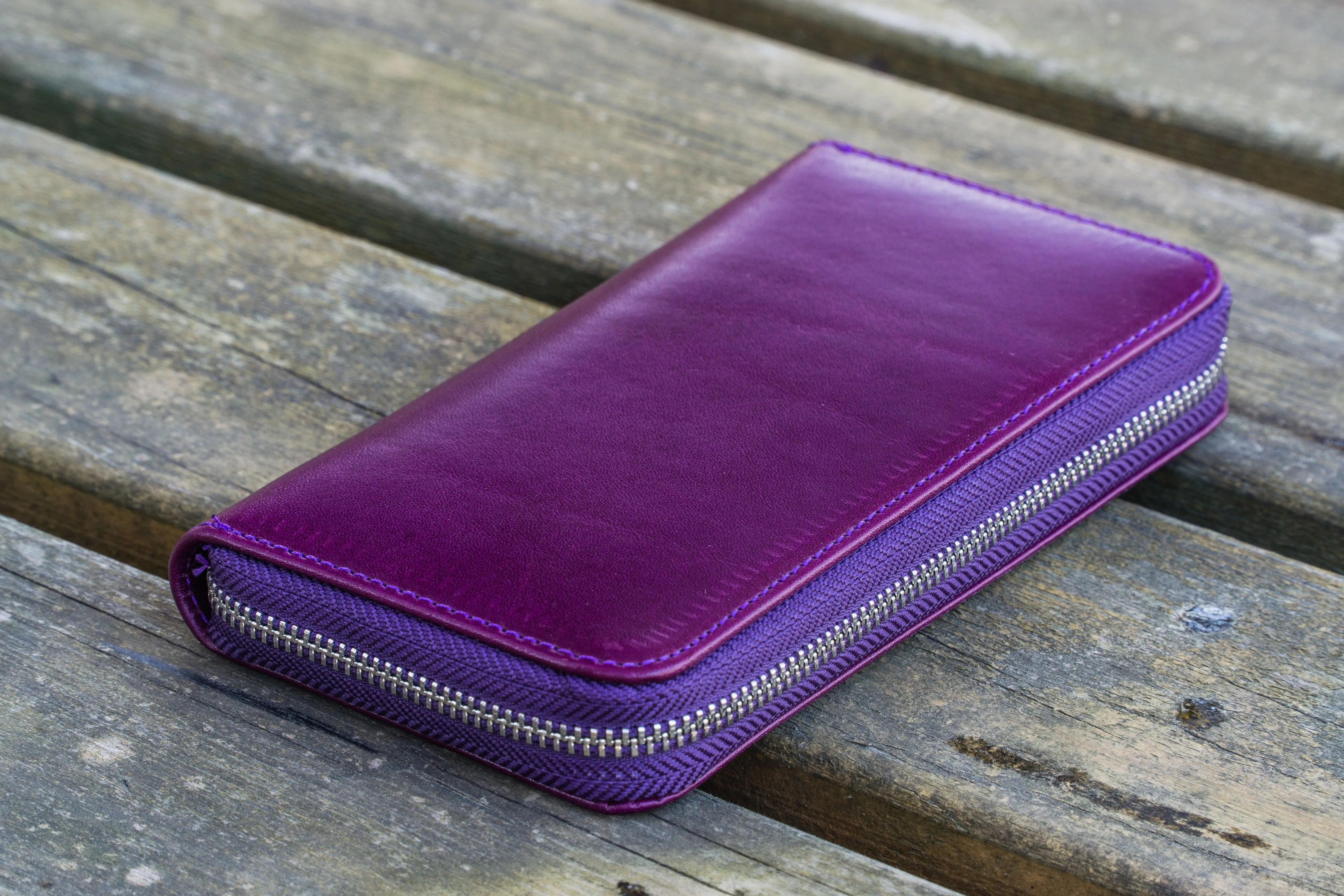 Leather Zippered 3 Slots Pen Case - Purple