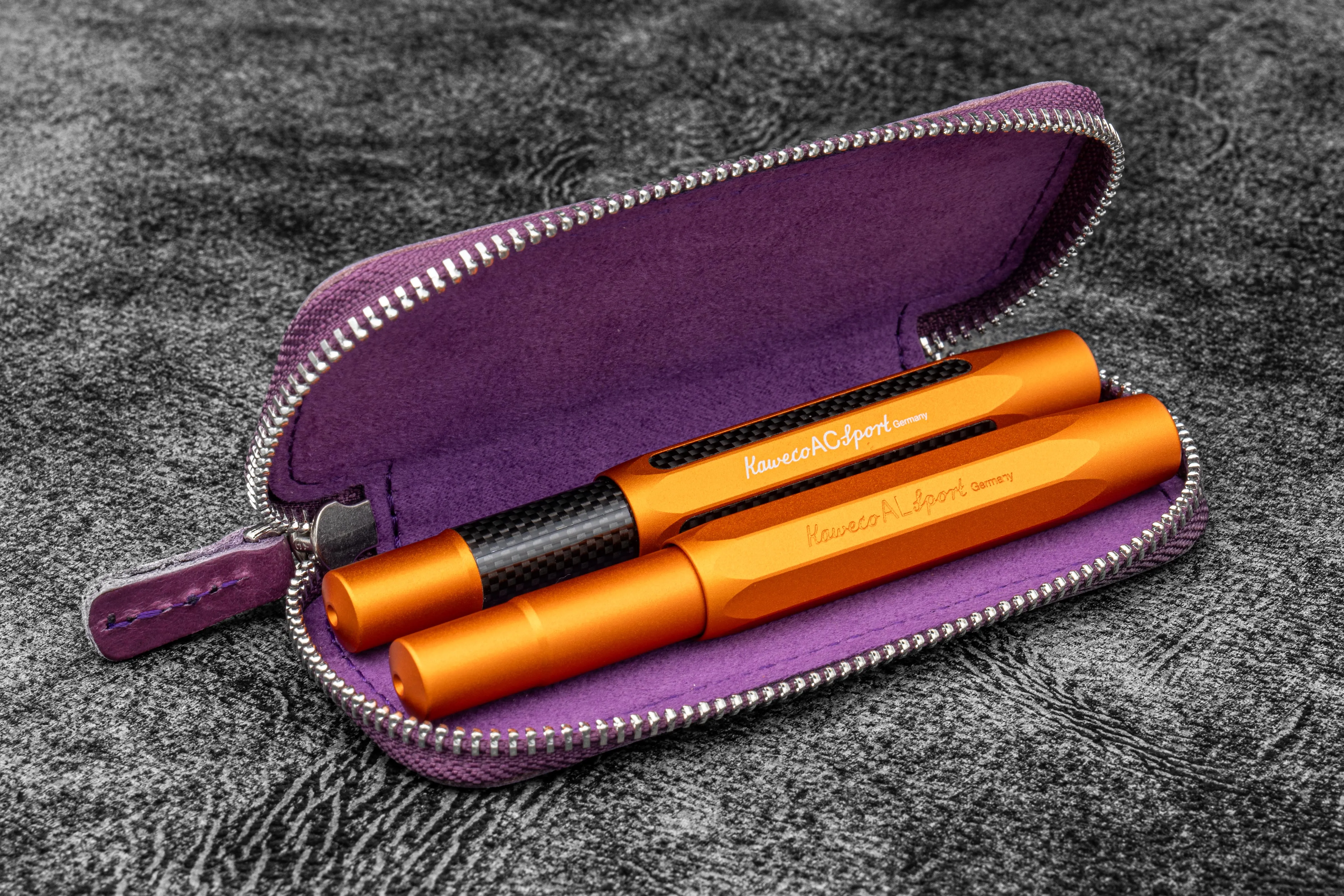 Leather Zippered Double Pen Case for Kaweco - Pocket Pen - Purple