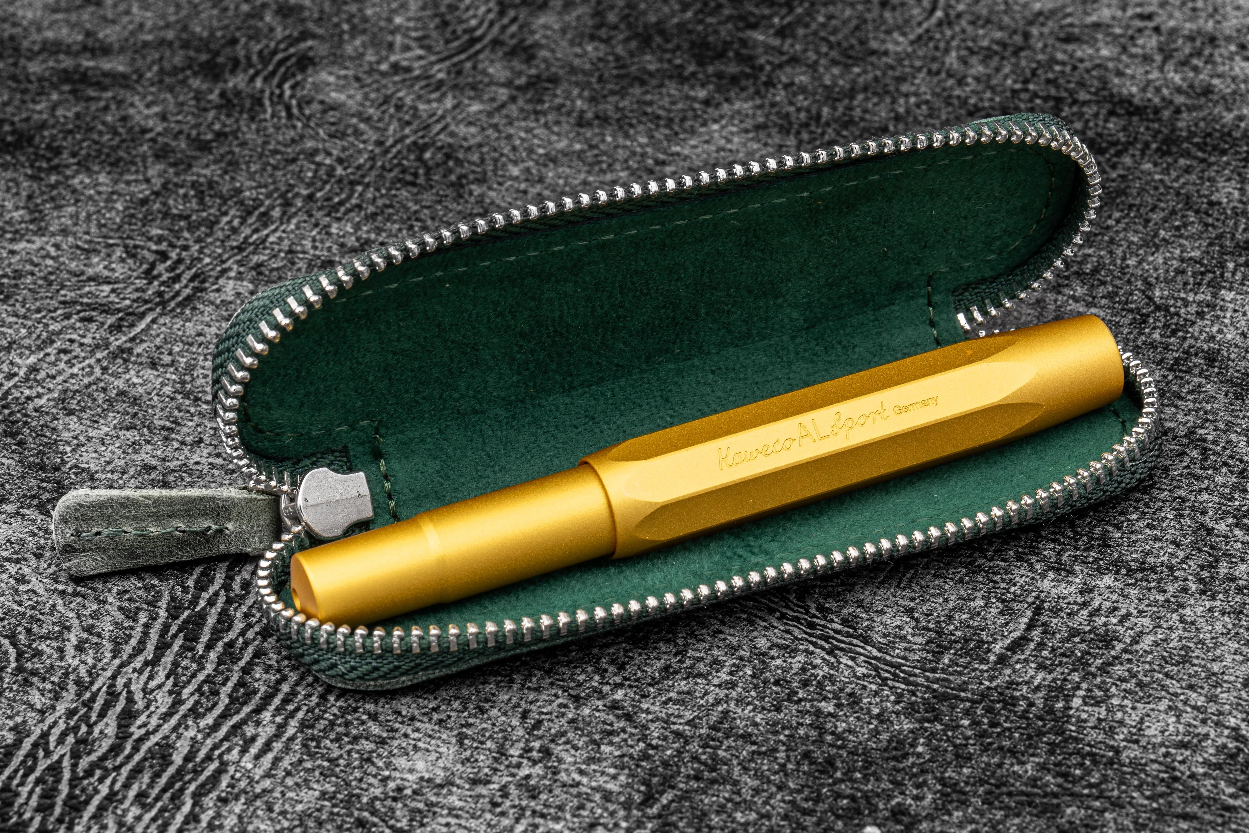 Leather Zippered Single Pen Case for Kaweco - Pocket Pen - Crazy Horse Forest Green