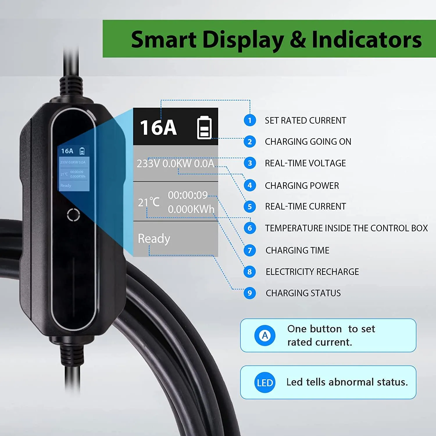 Level 1 2 EV Charger (110-240V, 16A, 21ft) NEMA 6-20 Plug Portable EVSE SAE J1772 Plug Home Electric Vehicle Charging Station