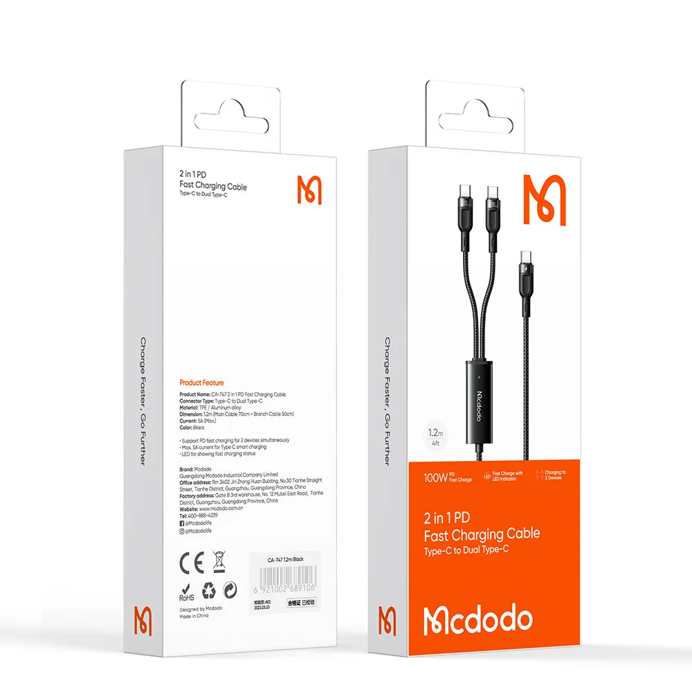 Mcdodo CA-747 | Type-C to Dual Type-C Mobile Cable | 2-in-1 Cable