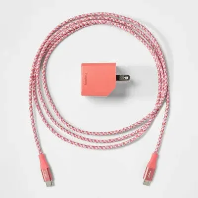 New - 2-Port USB-A USB-C Wall Charger with 6' USB-C to USB-C Braided Cord - heyday Rose