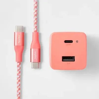 New - 2-Port USB-A USB-C Wall Charger with 6' USB-C to USB-C Braided Cord - heyday Rose