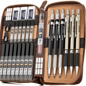 Nicpro 29PCS Art Mechanical Pencils Set in Leather Case, Metal Drafting Pencil 0.5, 0.7, 0.9 mm, 2mm Lead Pencil Holders for Sketching Drawing With 15 Tube (4B 2B HB 2H 4H)Lead Refills (Black &Colors)