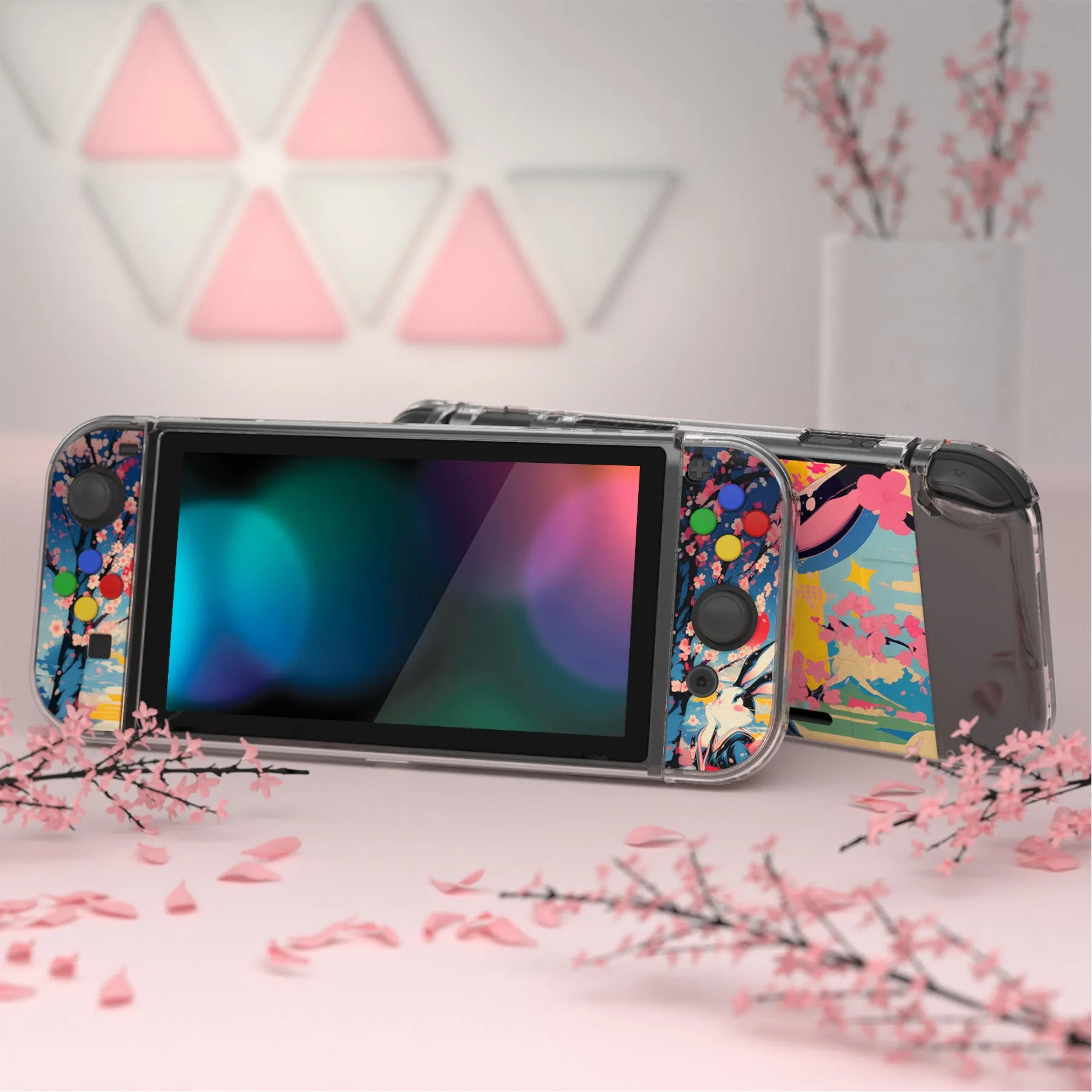 PlayVital Protective Case for NS, Soft TPU Slim Case Cover for NS Joycon Console with Colorful ABXY Direction Button Caps - Blossom POP Bunny - NTU6044G2