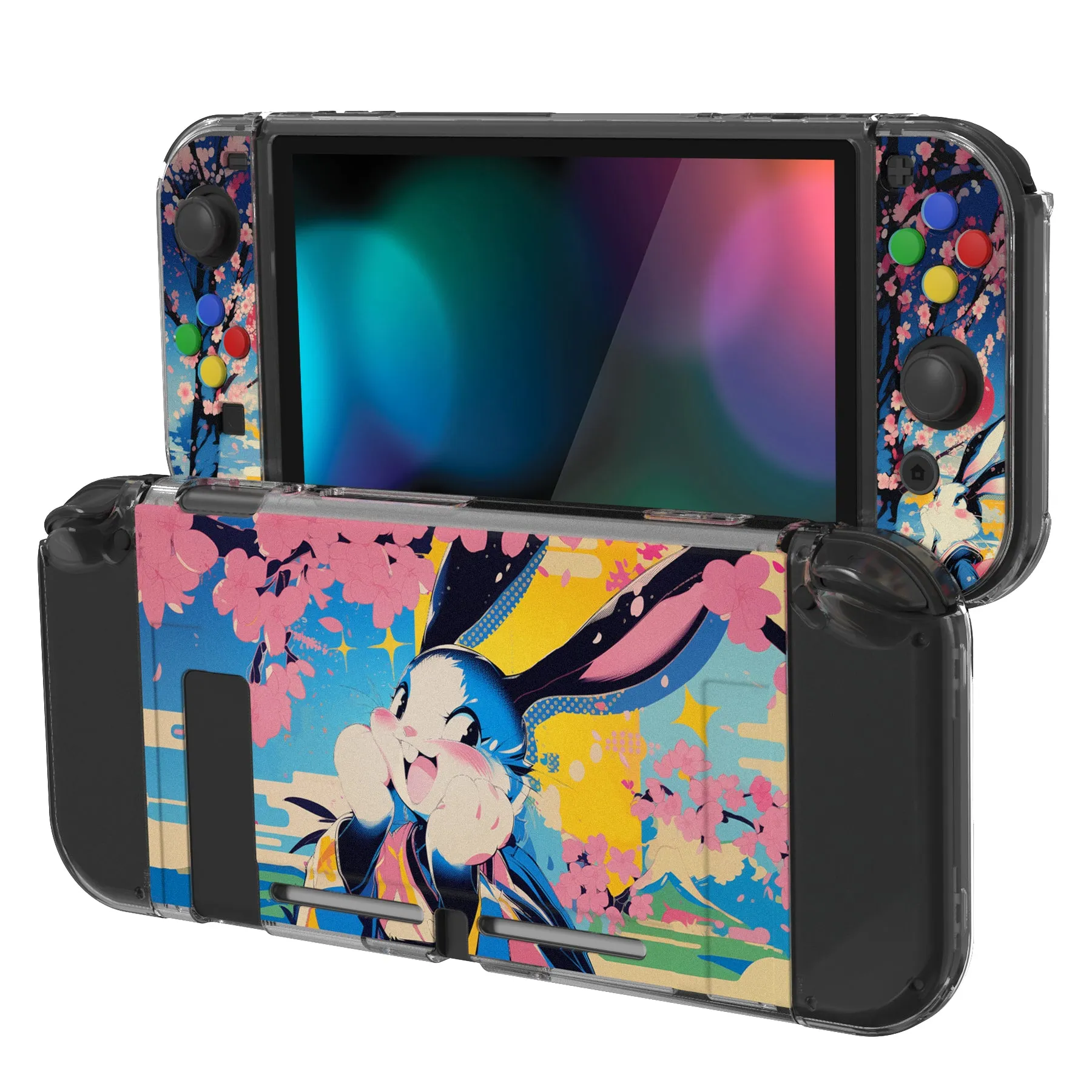 PlayVital Protective Case for NS, Soft TPU Slim Case Cover for NS Joycon Console with Colorful ABXY Direction Button Caps - Blossom POP Bunny - NTU6044G2