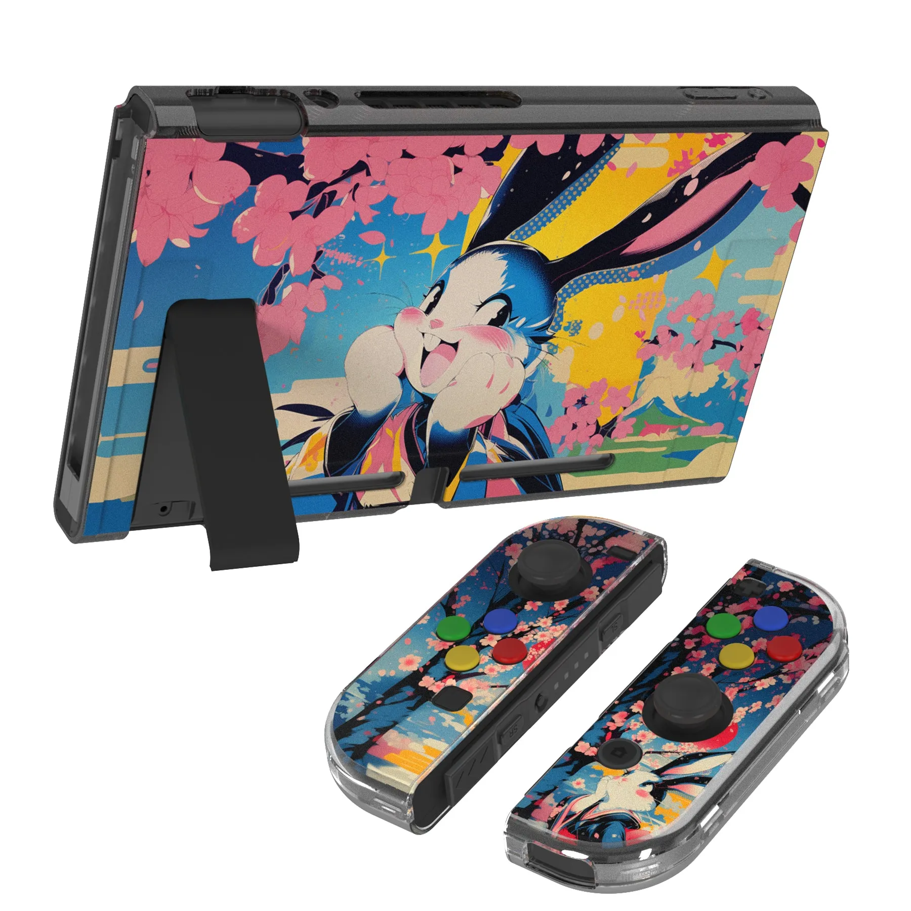 PlayVital Protective Case for NS, Soft TPU Slim Case Cover for NS Joycon Console with Colorful ABXY Direction Button Caps - Blossom POP Bunny - NTU6044G2