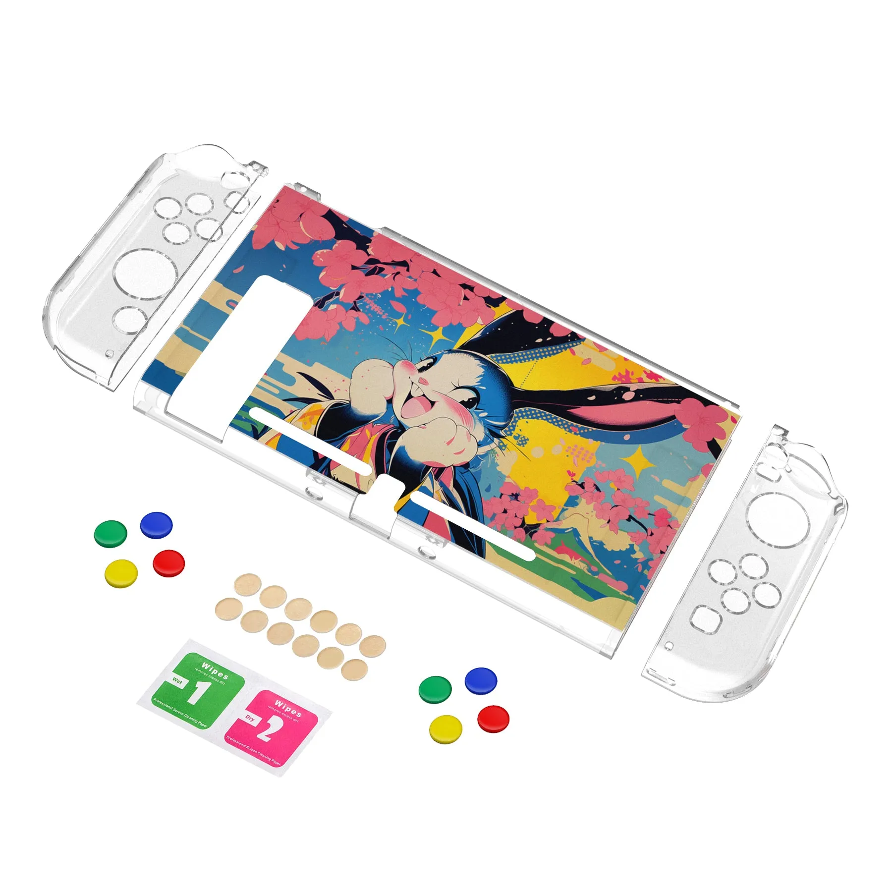 PlayVital Protective Case for NS, Soft TPU Slim Case Cover for NS Joycon Console with Colorful ABXY Direction Button Caps - Blossom POP Bunny - NTU6044G2