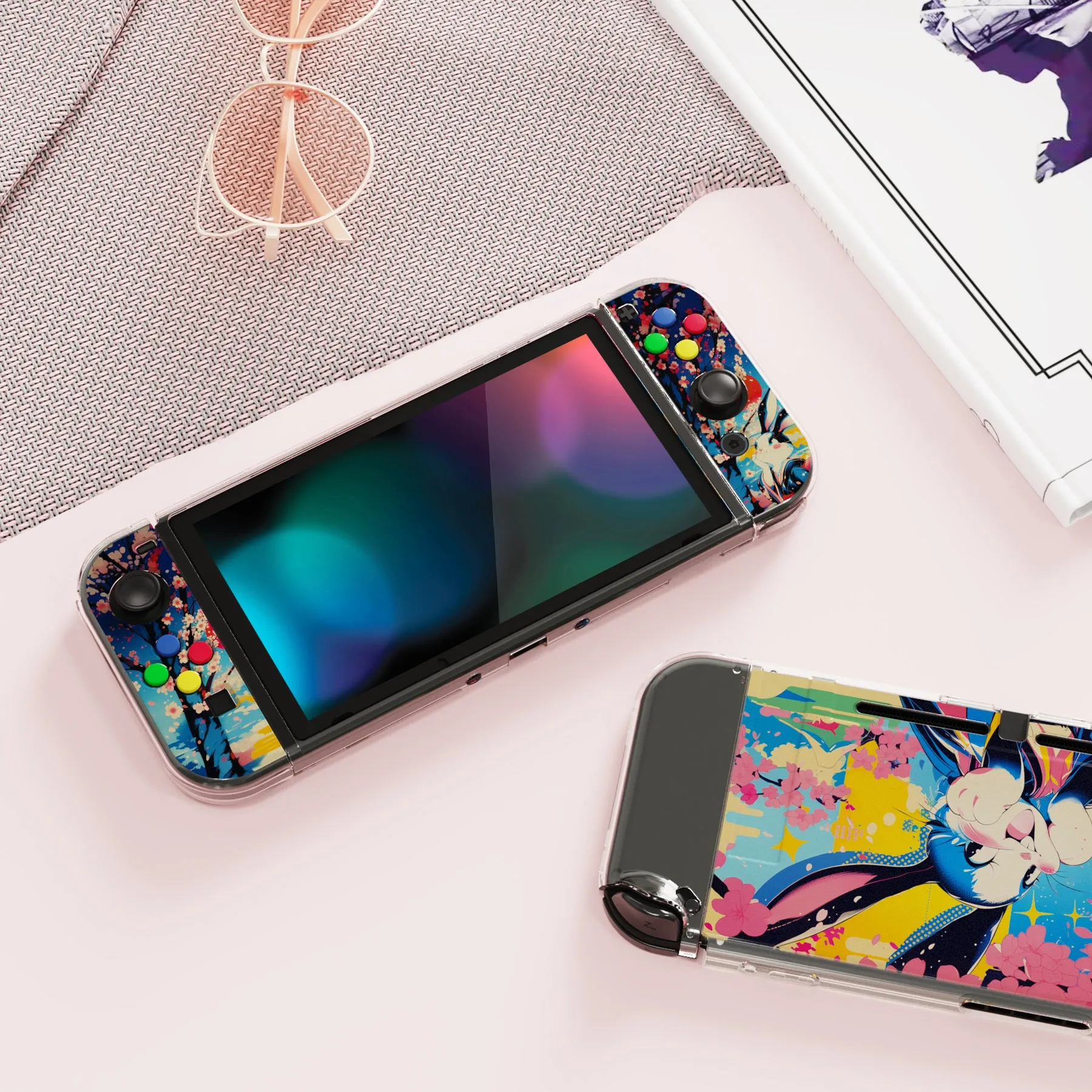 PlayVital Protective Case for NS, Soft TPU Slim Case Cover for NS Joycon Console with Colorful ABXY Direction Button Caps - Blossom POP Bunny - NTU6044G2