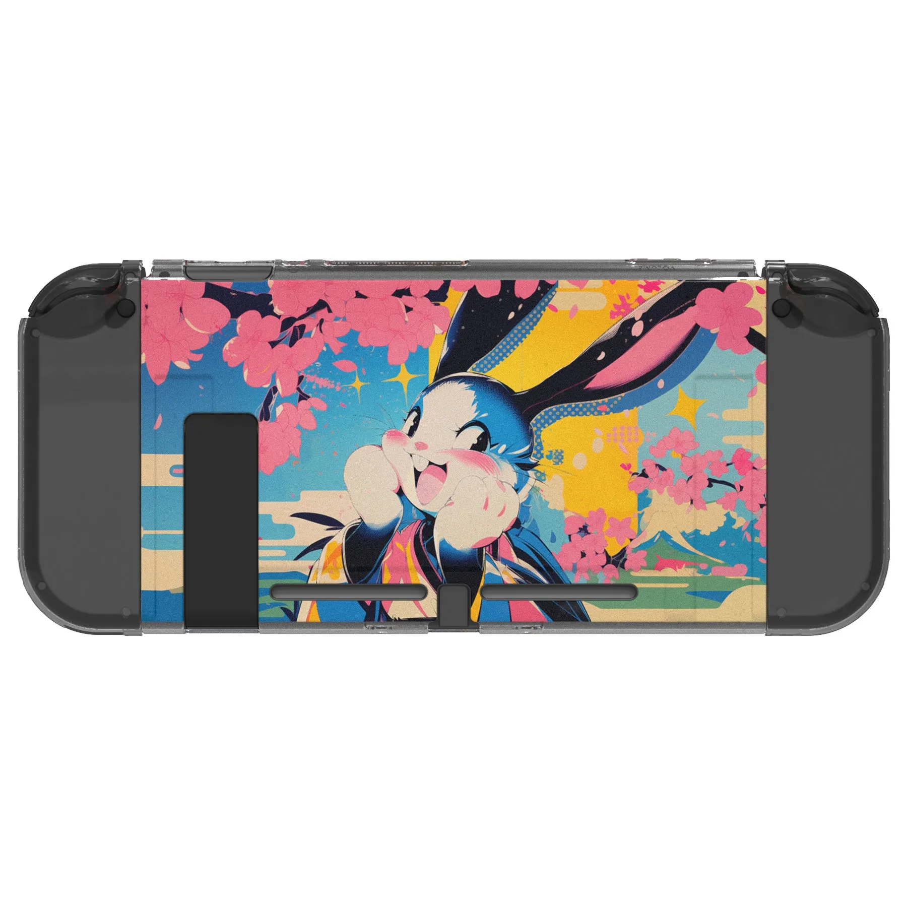 PlayVital Protective Case for NS, Soft TPU Slim Case Cover for NS Joycon Console with Colorful ABXY Direction Button Caps - Blossom POP Bunny - NTU6044G2