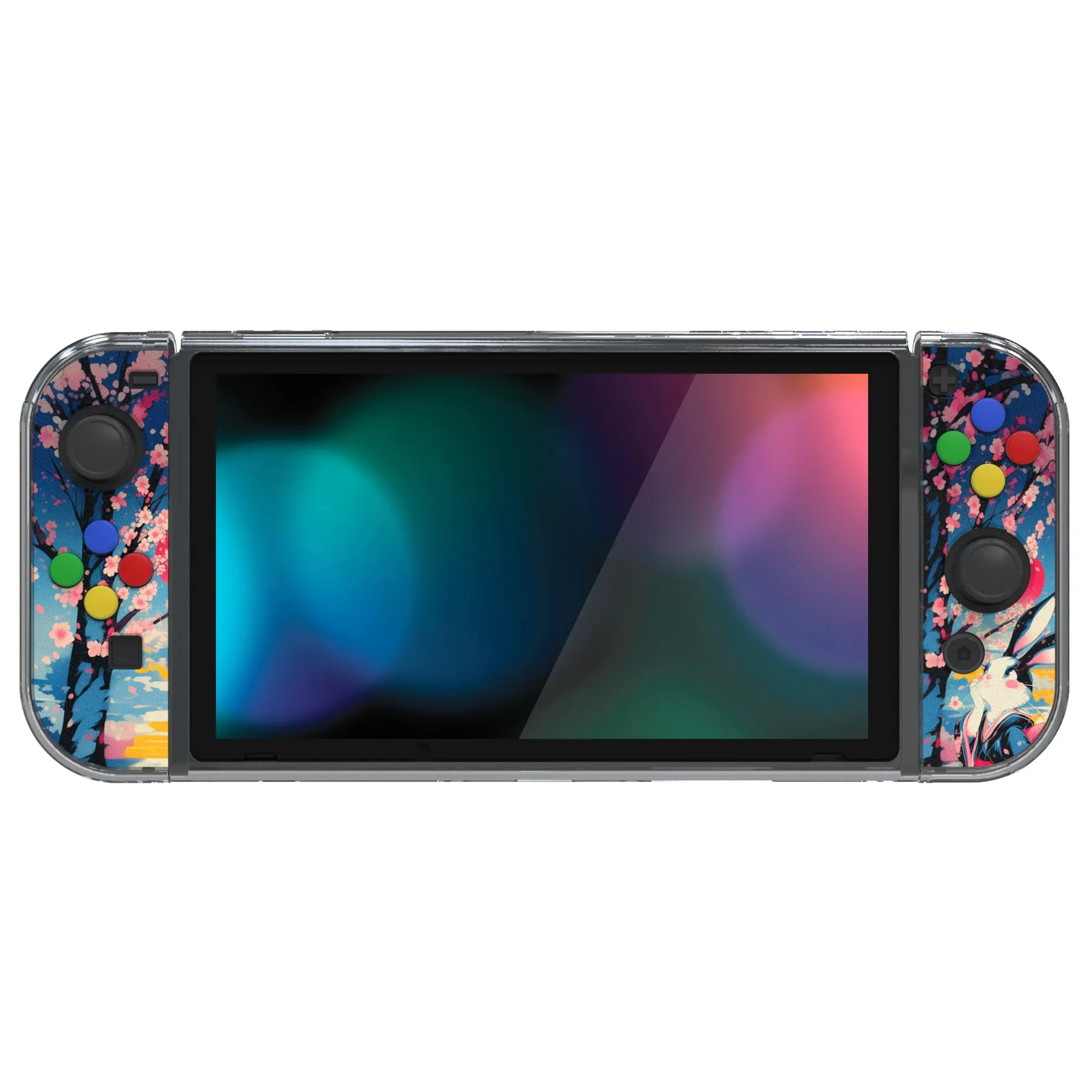 PlayVital Protective Case for NS, Soft TPU Slim Case Cover for NS Joycon Console with Colorful ABXY Direction Button Caps - Blossom POP Bunny - NTU6044G2