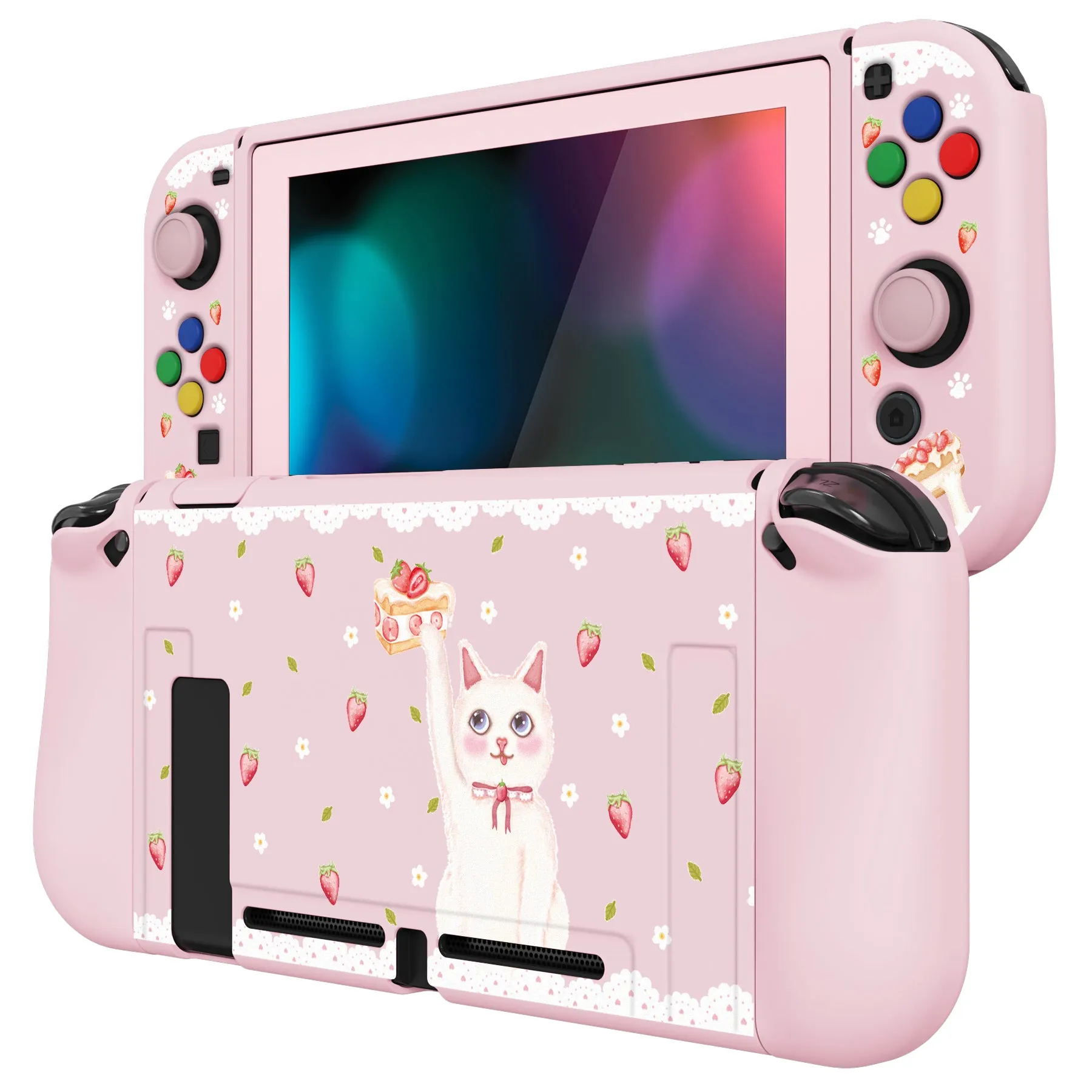 PlayVital ZealProtect Soft Protective Case for Nintendo Switch, Flexible Cover Protector for Nintendo Switch with Tempered Glass Screen Protector & Thumb Grip Caps & ABXY Direction Button Caps - Tea Time Kitty - RNSYV6032